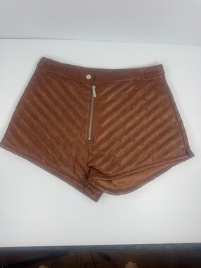 AKIRA Brown Quilted Faux Leather High Waist Shorts Zip Front Size Small NW